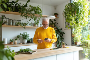 Senior man in bright sweater enjoys using smartphone in green kitchen with plants
