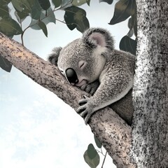 Obraz premium Koala peacefully sleeping on a tree branch in a serene environment