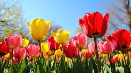 A vibrant tulip garden with rows of red, yellow, and pink tulips