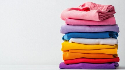 A vibrant tower of neatly folded cotton clothes stands against a clean white background, blending shades of pink, purple, blue, yellow, and orange