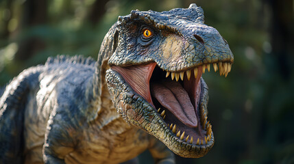 Obraz premium Fearsome dinosaur portrait with open mouth. Sharp teeth and texture skin show detail of the creature.