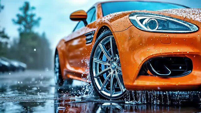 Orange luxury sports car with chrome alloy wheels in rain. Premium automotive detail with water droplets and puddle reflections. Dynamic performance vehicle with metallic wet shine.