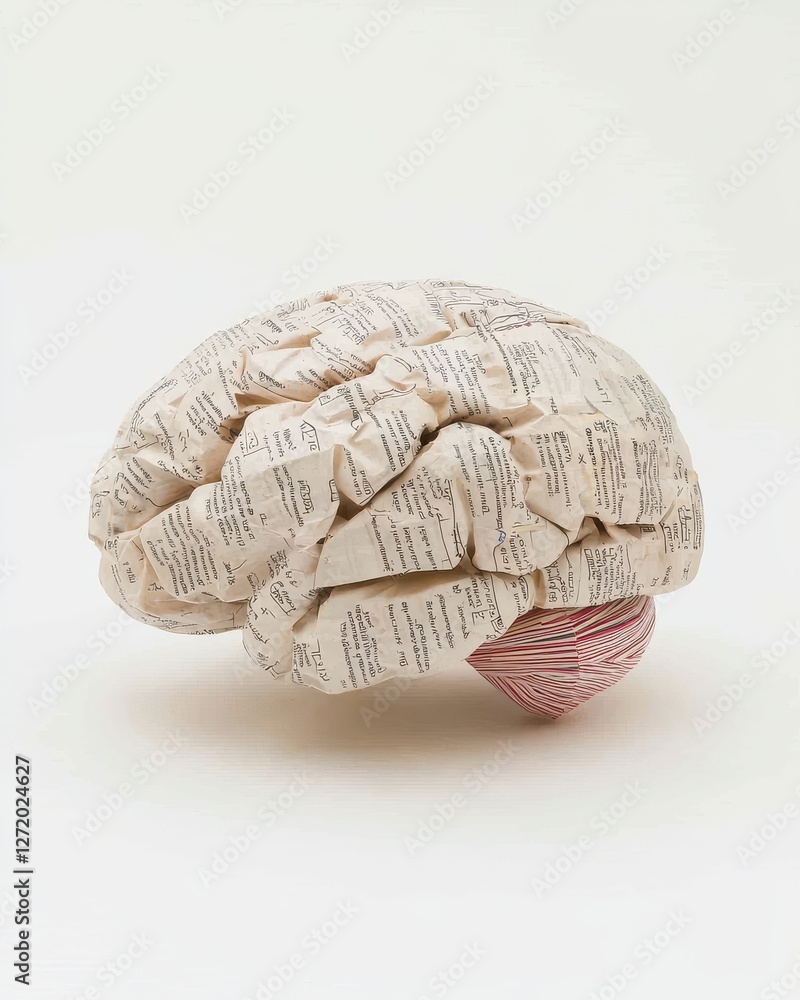 Poster creative representation of a brain sculpted from crumpled paper with a textured base, symbolizing kn