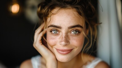 Fototapeta premium A stunning close-up of a young woman with striking green eyes and freckles, showing a gentle smile while touching her face, radiating beauty and warmth.