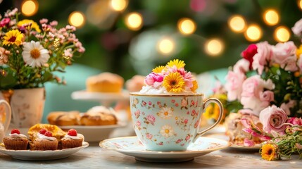 An elegant garden tea party setup with vintage china