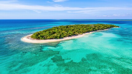 Close up of a tropical island seen from above, crystal clear water surrounding lush green land, untouched paradise