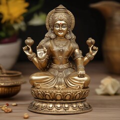 Golden statue of goddess Lakshmi sitting in lotus position and holding lotus flowers, representing wealth, prosperity, and fortune in hinduism