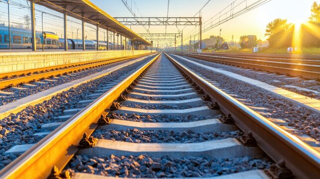 Close up of a train station at sunrise, golden light reflecting off the empty tracks, a sense of journeys beginning and endless possibilities