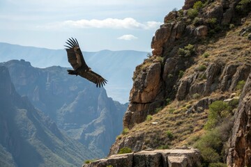 Fototapeta premium Condor spreads wings on windswept cliff face with rocky outcroppings, wildlife, mountain landscape, condor