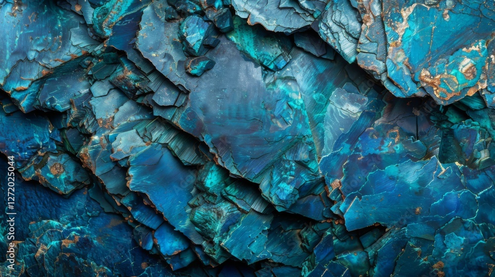 Poster detailed close up of a blue mineral formation with intricate textures and patterns, highlighting the