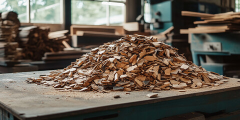 Wood Shavings Pile: Industrial wood shop scene with a large heap of wood shavings and other wood working machines in the background.
