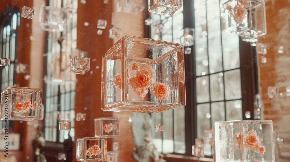 Poster floating rose cubes. abstract composition of transparent cubes containing floating roses against a w