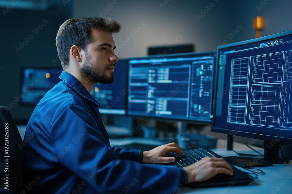 Poster technical professional analyzes data on multiple computer screens in a dimly lit office