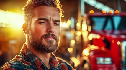 Professional freight transport worker in warehouse with truck. Confident logistics expert with cargo distribution experience. Industrial business portrait of successful transportation