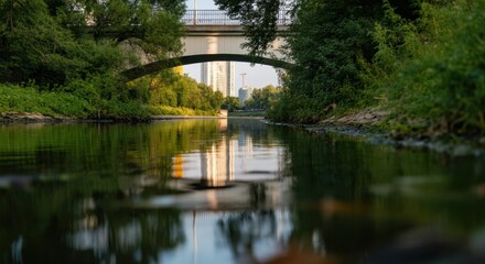 Serene river view under a bridge with reflections of city buildings