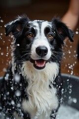 Fototapeta premium a dog is being washed in a tub of water