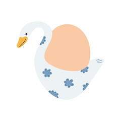 Cute swan isolated on white background.  Happy Easter. Easter egg in blue egg cup. Decor for holiday, design element for holiday.Vector illustration in flat style.