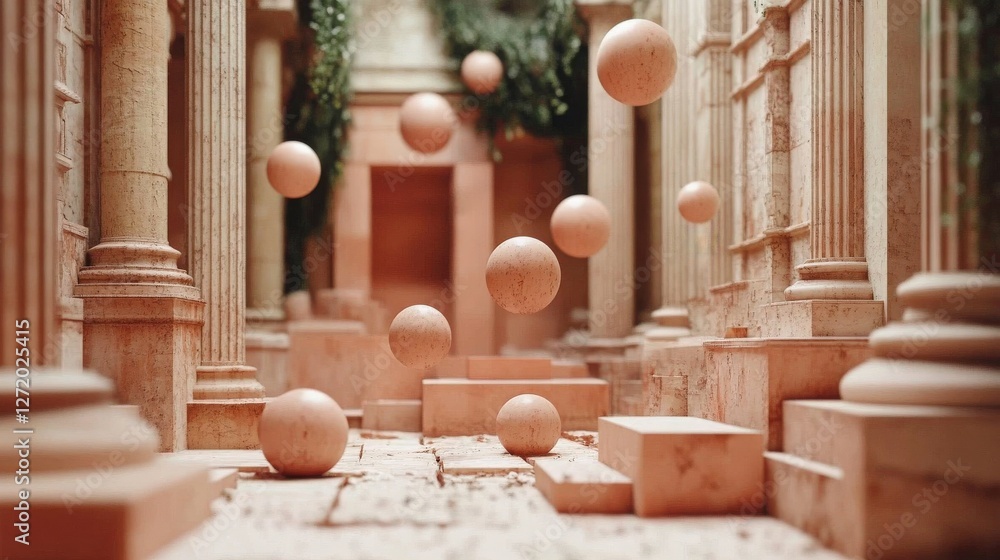 Poster abstract sphere architecture. an abstract architectural scene with floating spheres and geometric sh