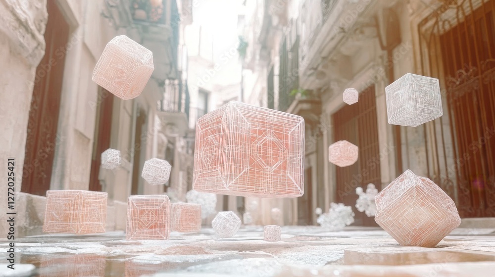 Aufkleber floating geometry in the city. floating translucent geometric shapes create a dreamy, abstract scene