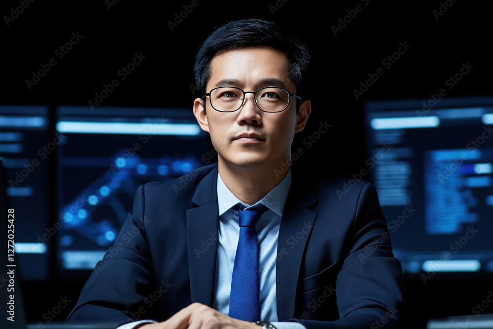 Poster professional man analyzing data in a modern office setting with technology around him