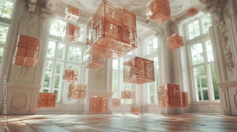 Poster floating translucent cubes. dreamy abstract scene featuring floating, translucent geometric shapes a
