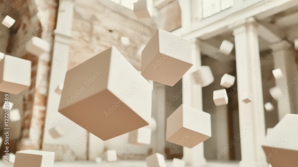 Poster floating geometric cubes. abstract geometric composition of floating cubes in a vintage, abandoned r