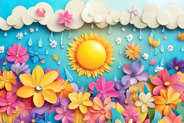 Vibrant floral scene with sun and clouds in paper art style