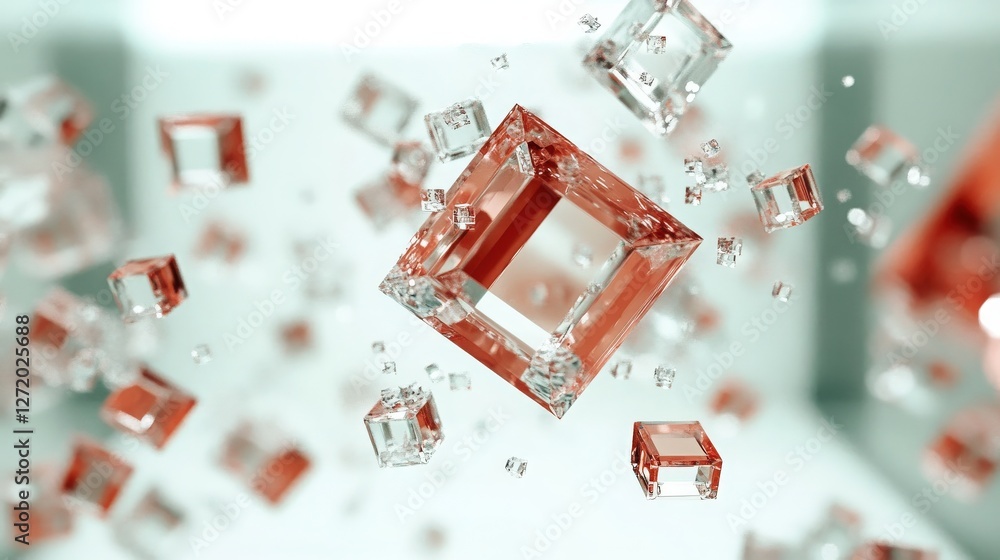 Poster floating crystal cubes. translucent floating geometric shapes create a dreamy and modern abstract ba