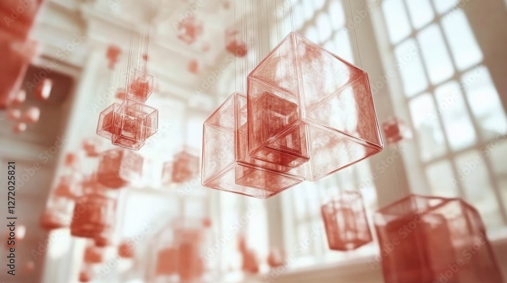 Poster floating geometric shapes. dreamy composition featuring translucent geometric shapes suspended mid-a