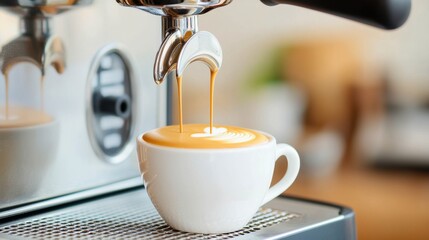 Close up of rich, dark coffee dripping from an espresso machine into a ceramic cup, steam rising softly, golden crema forming on the surface, warm cafe