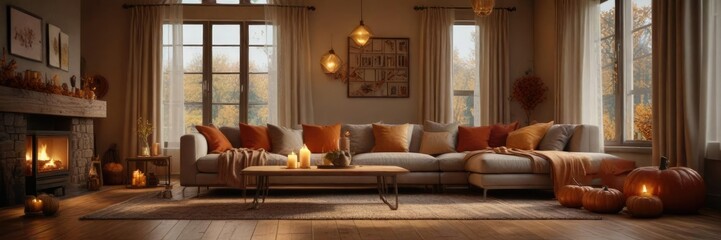 Cozy living room with warm lighting and fall decorations, inviting space, home decor inspiration, festive accents
