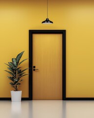 Modern Minimalist Interior Featuring Stylish Yellow Wall and Sleek Wooden Door with Potted Plant