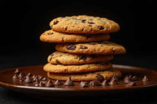a stack of chocolate chip cookies on a plate