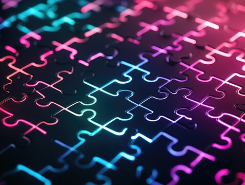 Vibrant puzzle jigsaw pieces abstract background digital art colorful light effects top-down view engaging conceptual design for creativity and fun