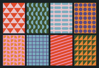 Set of colorful geometric backgrounds. Minimalist posters in trendy vintage style. Abstract design with simple shapes for greeting card, flyer, cover, wallpaper, brochure, banner, social media.
