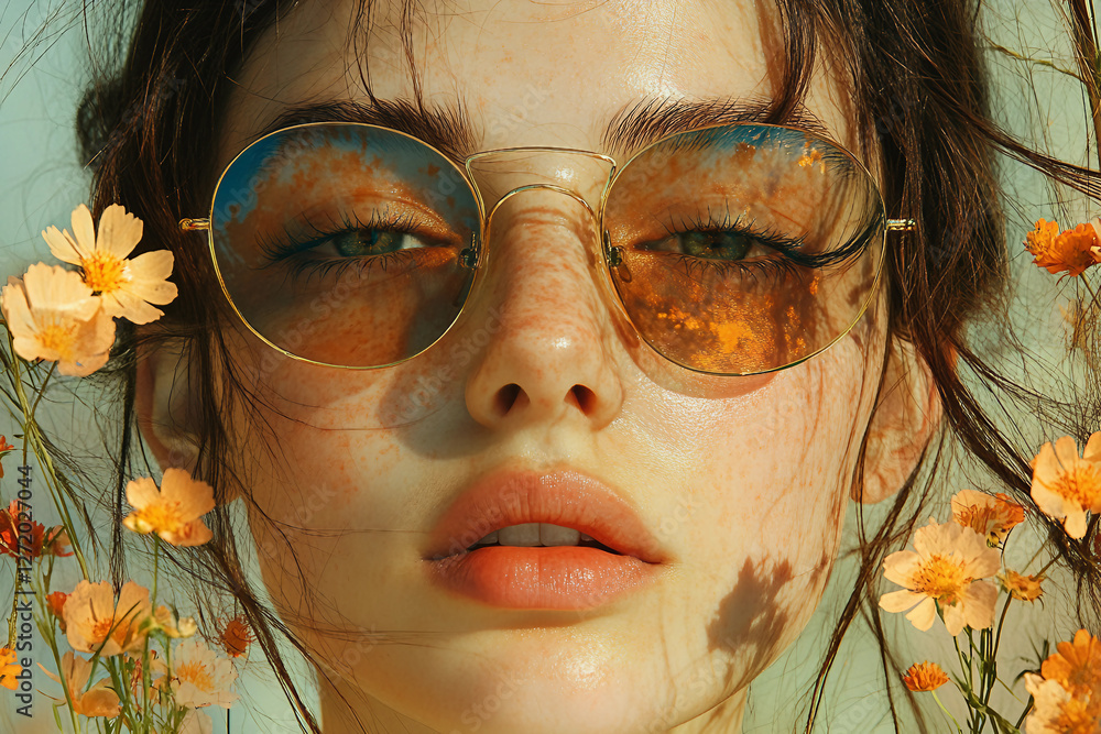 Poster generative ai elegant spring collage blending botanical elements with a surreal female portrait in a