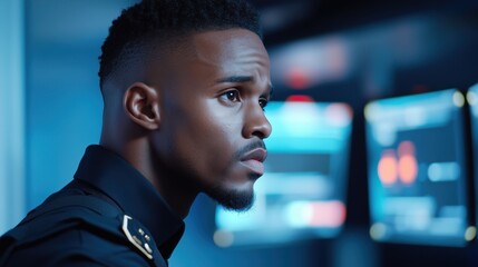 Focused security professional observes data displayed on monitors in a high tech control center, ensuring safety and protection