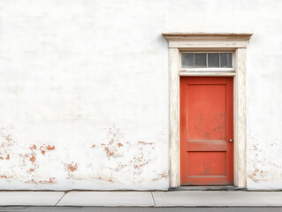 Fototapeta premium An Isolated Abandoned Building with Peeling Paint and a Bold Red Door: A Haunting Reminder of Forgotten Stories Against a Stark White Backdrop
