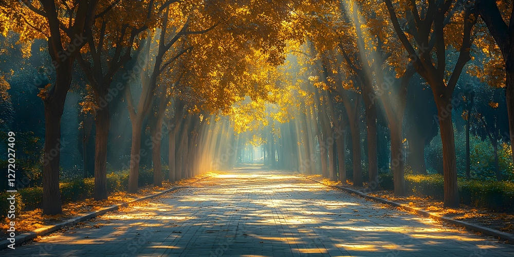 Poster serene tree-lined pathway bathed in golden sunlight with autumn leaves scattered on the ground. sun 