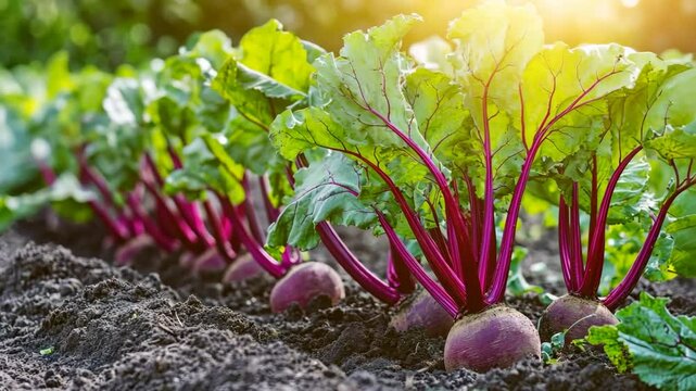 Fresh organic beetroots with vibrant green leaves growing in soil in a cultivated field. Beet planting in the plantation. Sustainable agriculture. Food production, healthy eating. Summer warm sunlight