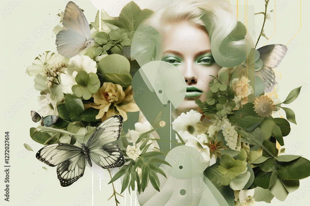 Poster generative ai elegant spring collage blending botanical elements with a surreal female portrait in a