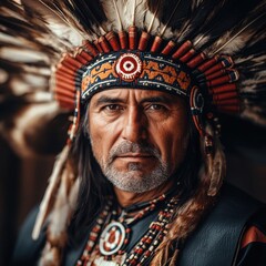 Obraz premium Portrait of a Native American Man in Traditional Attire with Headdress