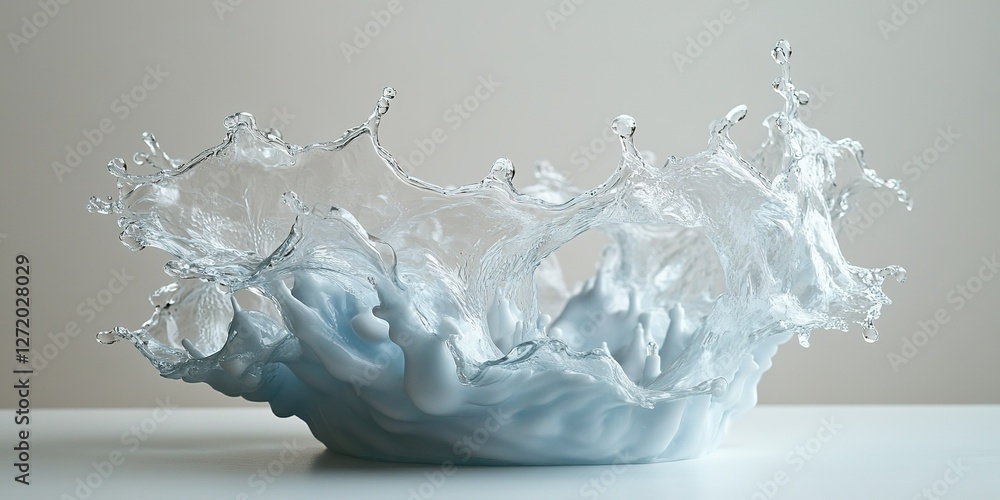 Poster splash of white liquid creates dynamic patterns against a neutral background in soft light