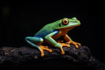 Fototapeta premium a green and blue frog sitting on a branch