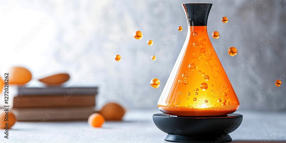 Poster colorful orange liquid in a glass flask with floating bubbles on a simple table setup during bright 