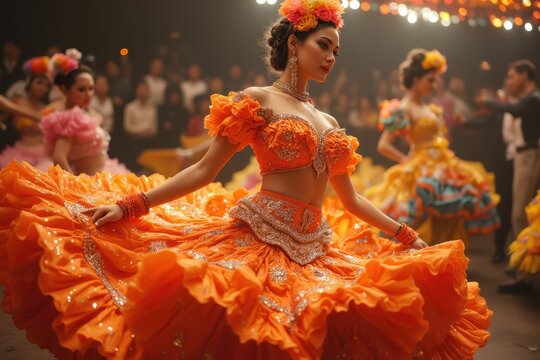 a woman in an orange dress dancing with other dancers