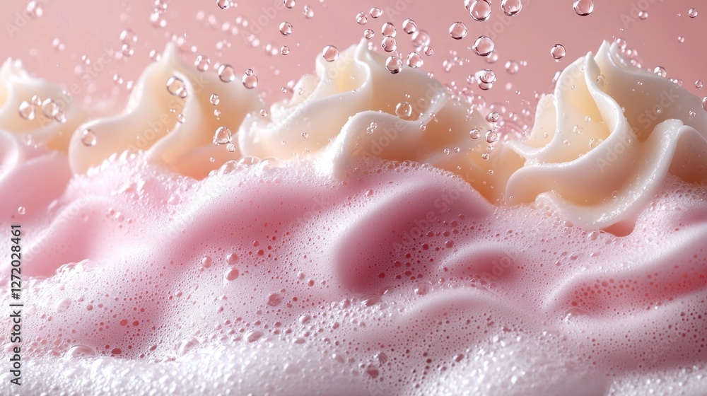 Poster Soft pink soap foam creates a whimsical texture, adorned with frothy peaks. Delicate bubbles rise, catching light and adding a sense of playfulness to the setting