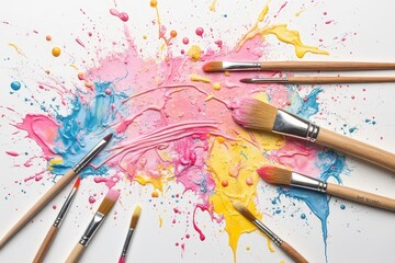 Fototapeta premium paint brushes and paint splatters on a white surface
