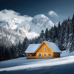 Snowy Mountain Cabin in Scenic Winter Landscape with Pines