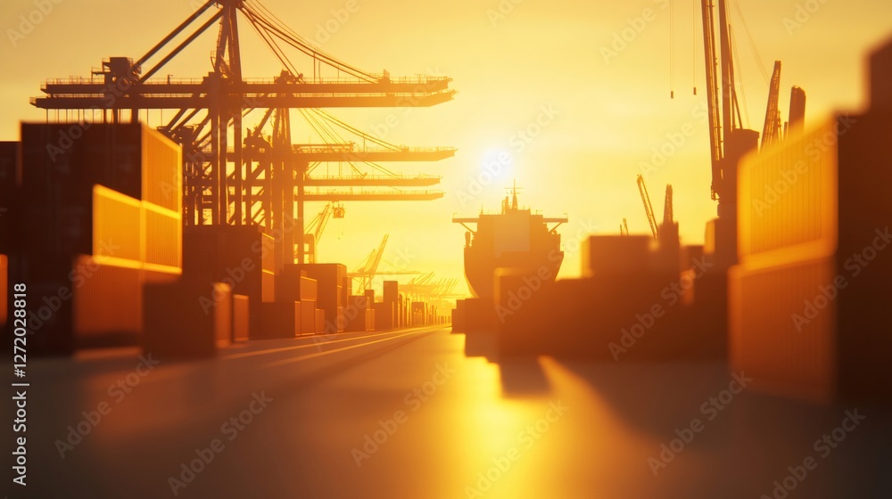 Poster container ship approaching a bustling industrial harbor at sunset, emphasizing the vibrant dynamics 